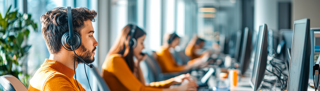 Employees wearing headsets in a call center