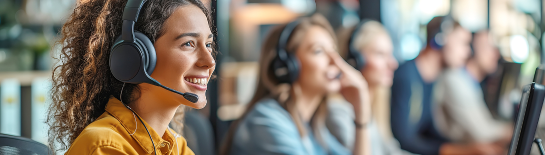 Smiling woman wearing headset with coworkers in background
