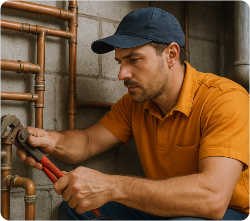 Man fixing a pipe with a wrench
