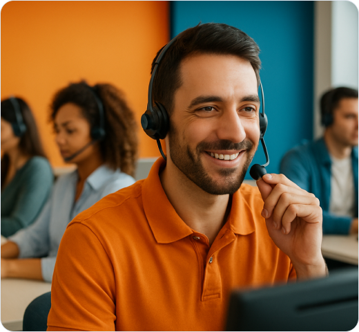 Smiling man talking on headset