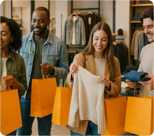 Four people carrying shopping bags